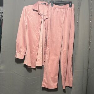 SHEIN pink corduroy button-down shirt and matching wide-leg pants